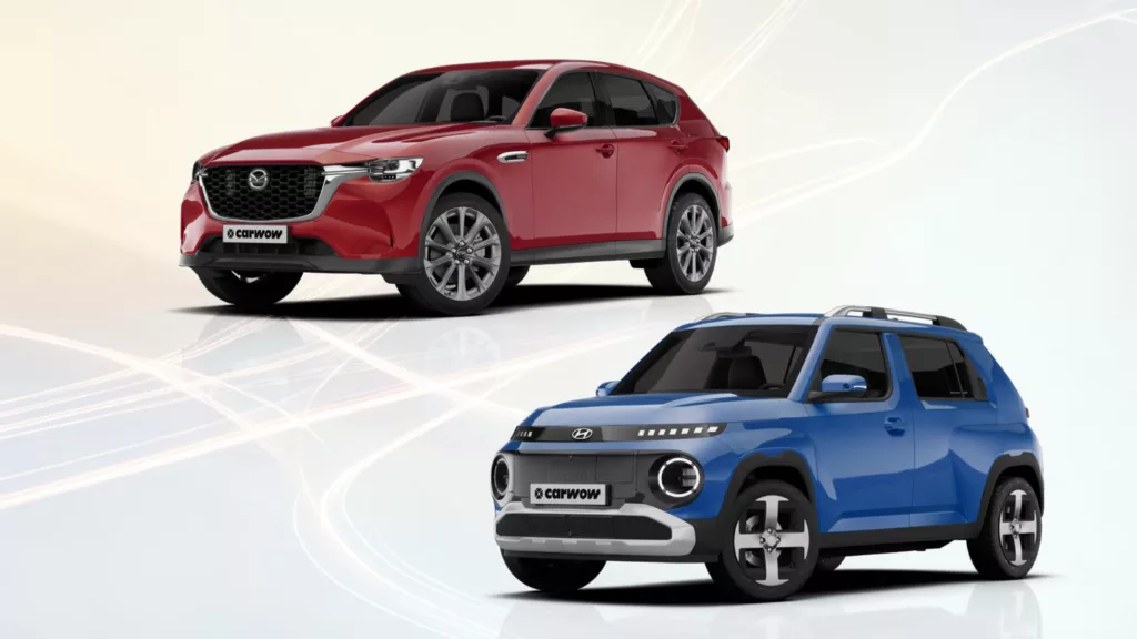Rotes Auto links oben schräg von der Seite nach links fahrend, unten rechts blaues Auto schräg von der Seite nach links fahrend, vor hell blau und gelben Hintergrund mit weißen Lichtstreifen