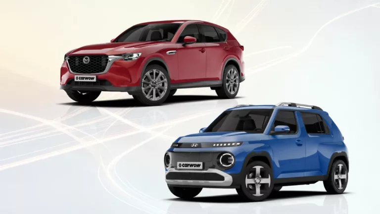 Rotes Auto links oben schräg von der Seite nach links fahrend, unten rechts blaues Auto schräg von der Seite nach links fahrend, vor hell blau und gelben Hintergrund mit weißen Lichtstreifen