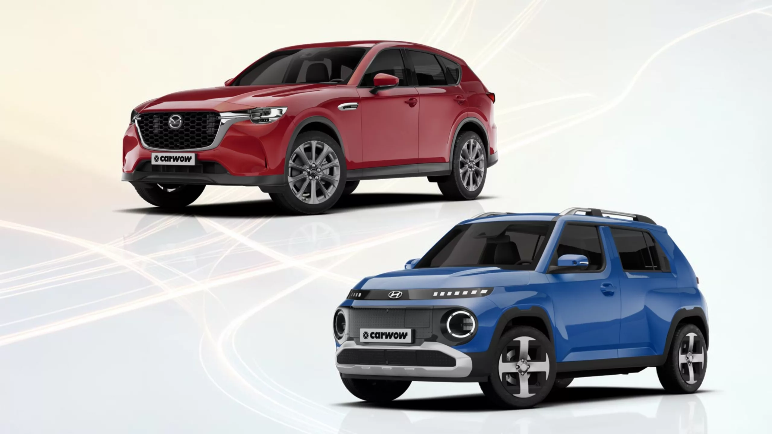 Rotes Auto links oben schräg von der Seite nach links fahrend, unten rechts blaues Auto schräg von der Seite nach links fahrend, vor hell blau und gelben Hintergrund mit weißen Lichtstreifen