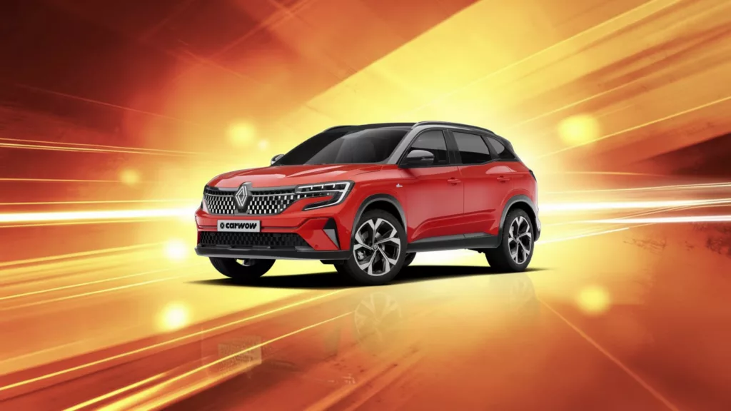 Rotes SUV von Renault schräg von der Seite nach links fahrend vor rot orange braunem Hintergrund auf spiegelnder Fläche