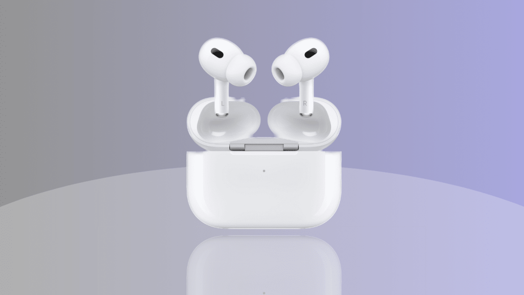 Apple Airpods Pro 2 vor einem Hintergrund in Grau und Lila