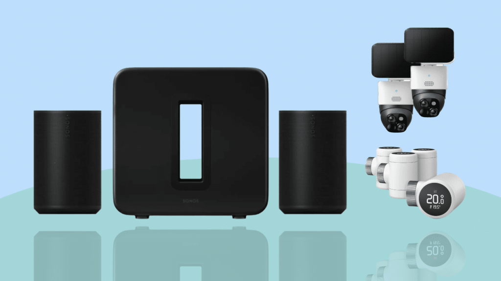 Smarthome-Artikel wie Thermostate und Outdoorkameras vor orangem Hintergrund