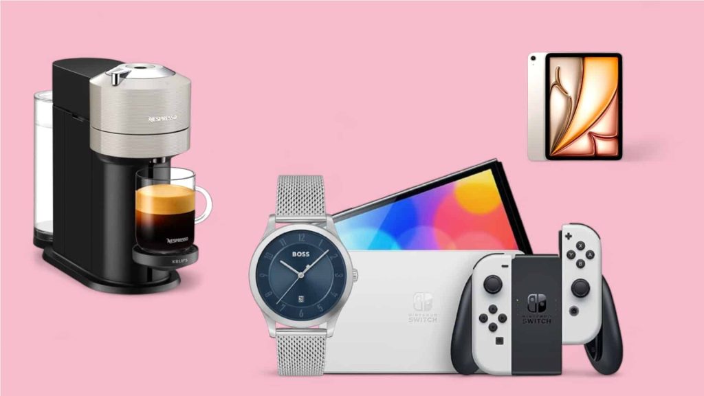 Nespresso Verturo Next, Nintendo Switch und iPad Air vor blauem Hintergrund