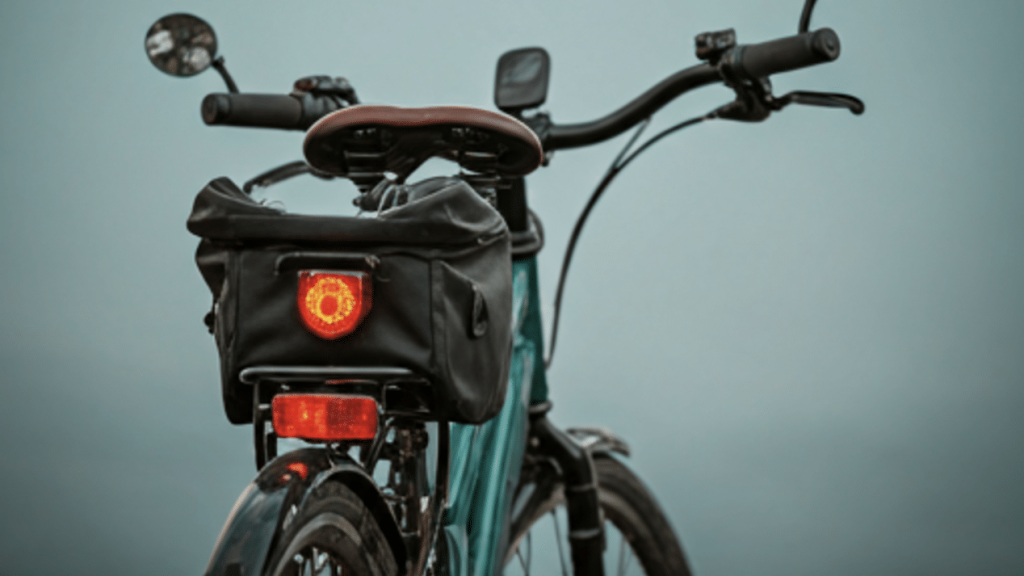 Fahrrad in der Rückansicht vor blauem Hintergrund mit Satteltaschen und Beleuchtung