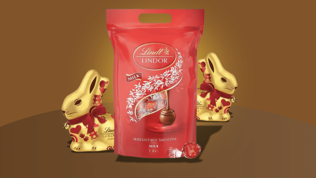 Lindor Kugeln Angebot mit Goldhasen vor braunem Hintergrund
