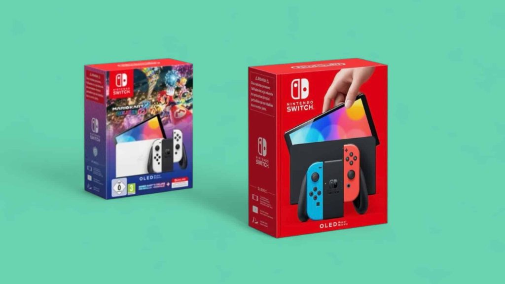 Nintendo Switch OLED Angebot vor grünem Hintergrund
