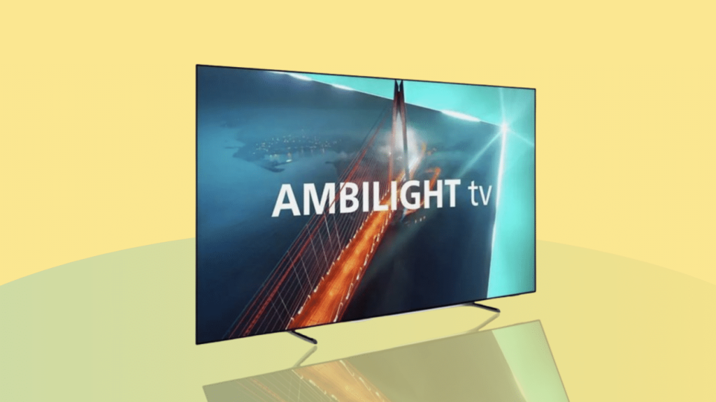 OLED TV von Philips vor gelbem Hintergrund