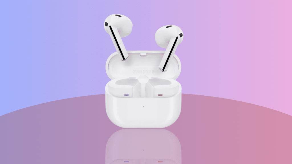 Samsung Galaxy Buds 3 vor lila Hintergrund