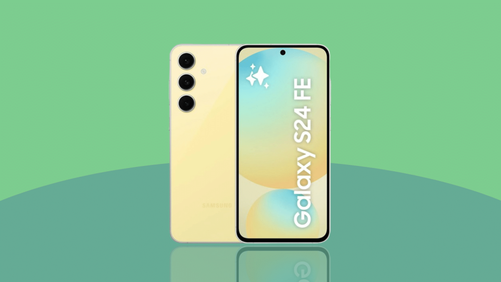 Samsung Galaxy S24 FE vor grünem Hintergrund