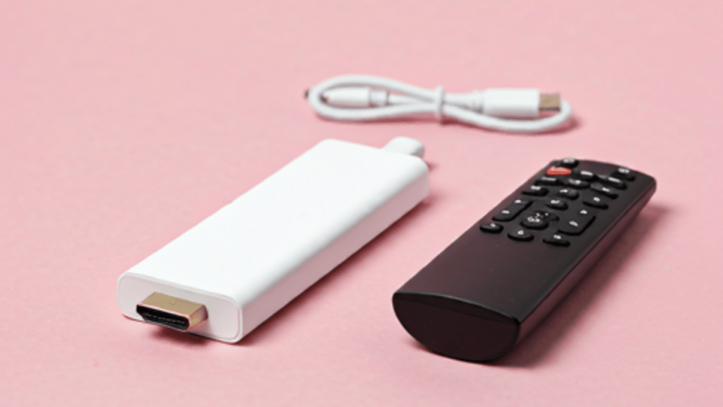 TV-Stick mit Fernbedienung auf einem rosa Untergrund