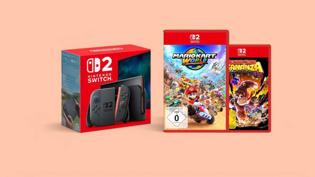 Switch2-Spiele und Nintendo Switch2 vor pinkem Hintergrund