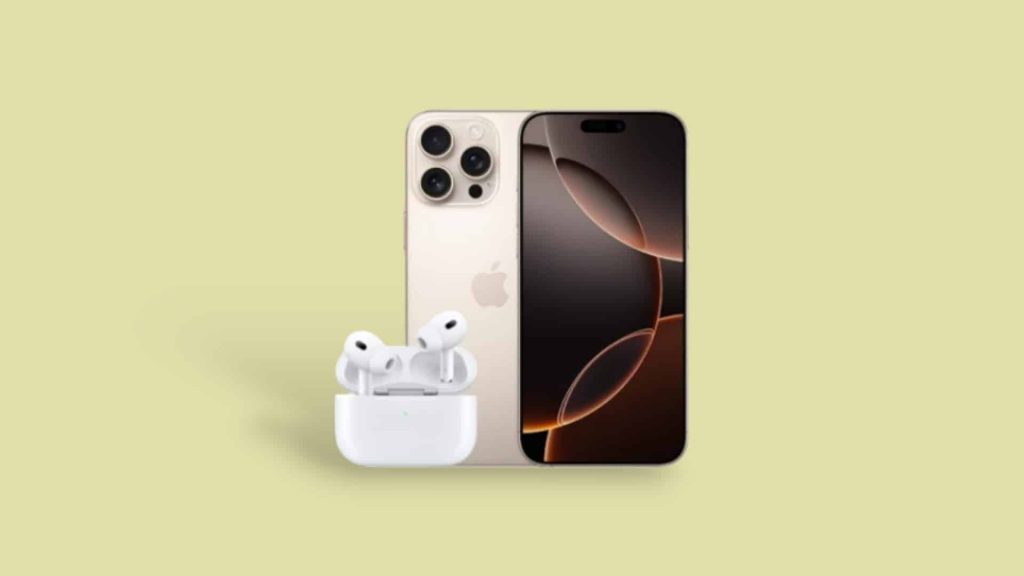 iPhone 16 Pro Max mit AirPods Pro 2 vor grpnem Hintergrund